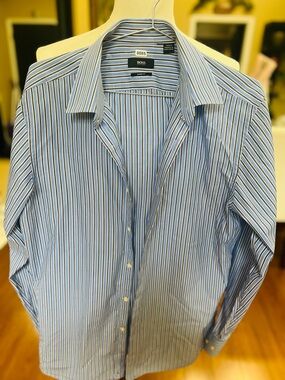 BOSS Blue and White Multi-Stripe Dress Shirt